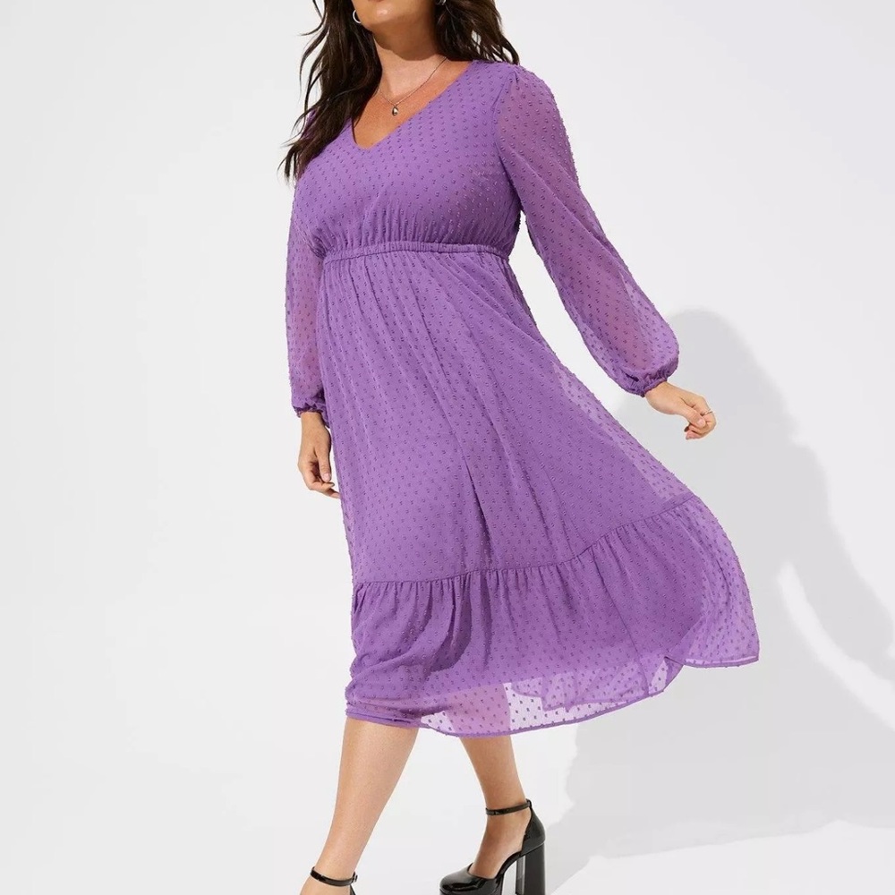 Torrid-Tea length clip dot open back A-line lilac dress